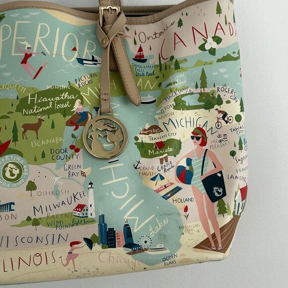 Spartina Great Lakes Tote Handbag Superior Erie Ontario Huron Map Travel - Picture 2 of 9